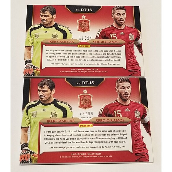 2015 Panini Select Soccer Double Team Iker Casillas Sergio Ramos Jersey /49 /99 - Picture 2 of 9
